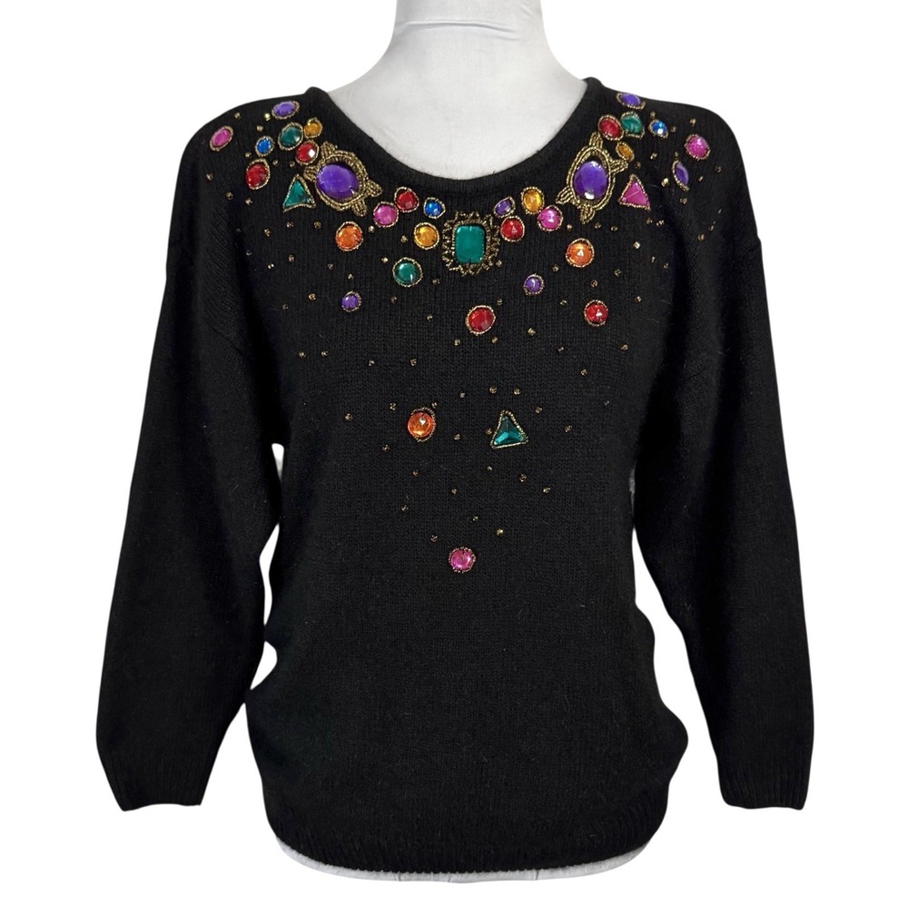 Vintage Angora Silk Knit Beaded Sweater Sz M Jeweled Gem Embellished Statement‎